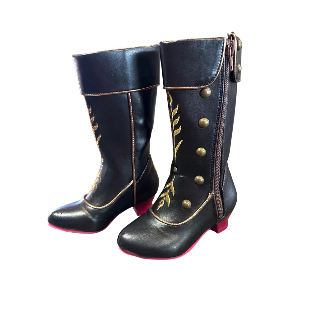 Disney Anna Frozen 2 Black Gold Embroidery Studs Boots Kids 7-8 Great Condition - Picture 3 of 7